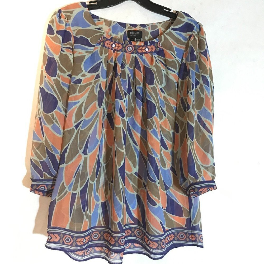 Nicole Miller Psychedelic Prairie Top Blouse Sheer Hippie Bohemian Size Small - Picture 3 of 8